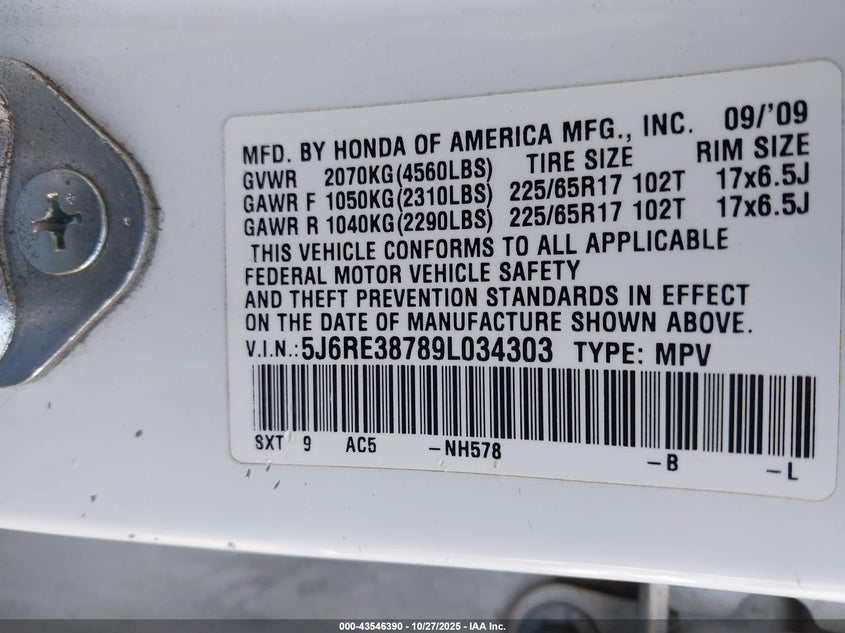 2009 Honda Cr-V Ex-L VIN: 5J6RE38789L034303 Lot: 43546390