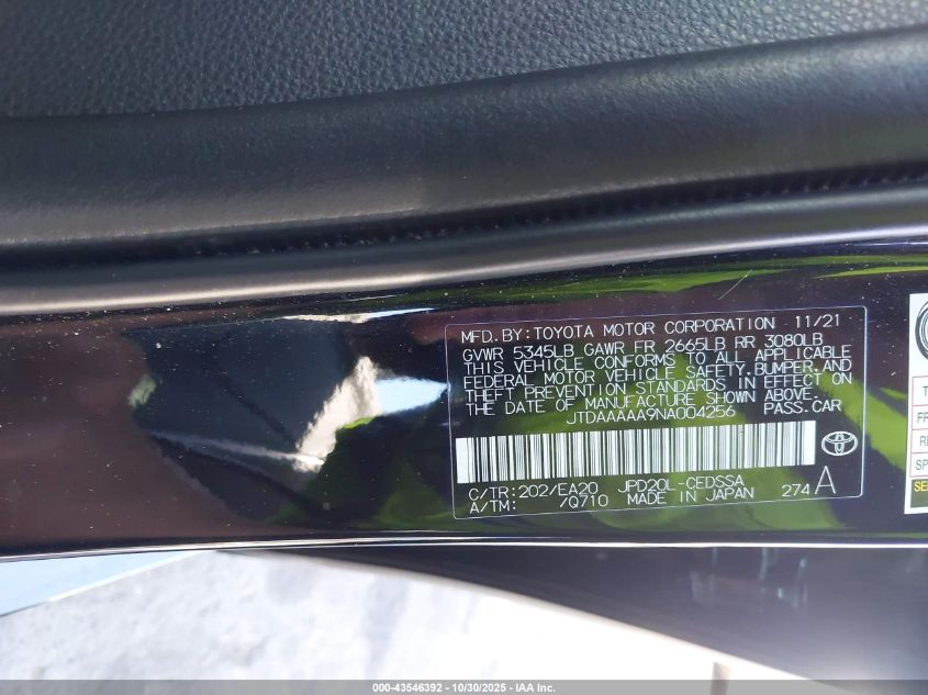 2022 Toyota Mirai Xle VIN: JTDAAAAA9NA004256 Lot: 43546392