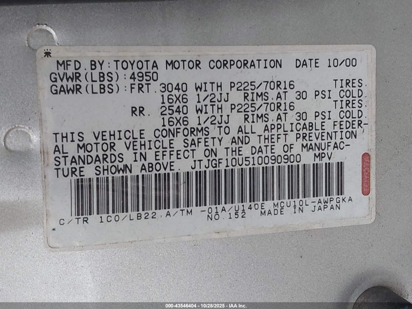 2001 Lexus Rx 300 VIN: JTJGF10U510090900 Lot: 43546404