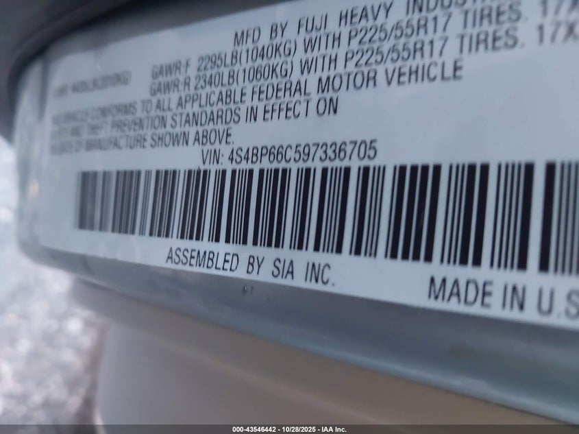 2009 Subaru Outback 2.5I Limited VIN: 4S4BP66C597336705 Lot: 43546442