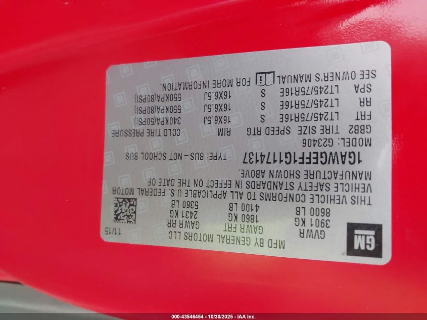 2016 Chevrolet Express 2500 Ls VIN: 1GAWGEFF1G1174137 Lot: 43546454