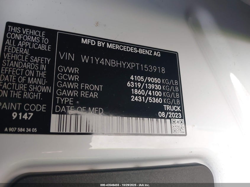 2023 Mercedes-Benz Sprinter 2500 Standard Roof 4-Cyl Diesel Ho VIN: W1Y4NBHYXPT153918 Lot: 43546455