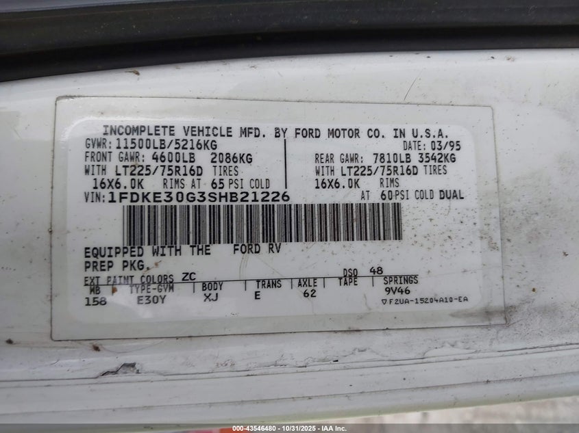 1995 Ford Econoline E350 Cutaway Van VIN: 1FDKE30G3SHB21226 Lot: 43546480