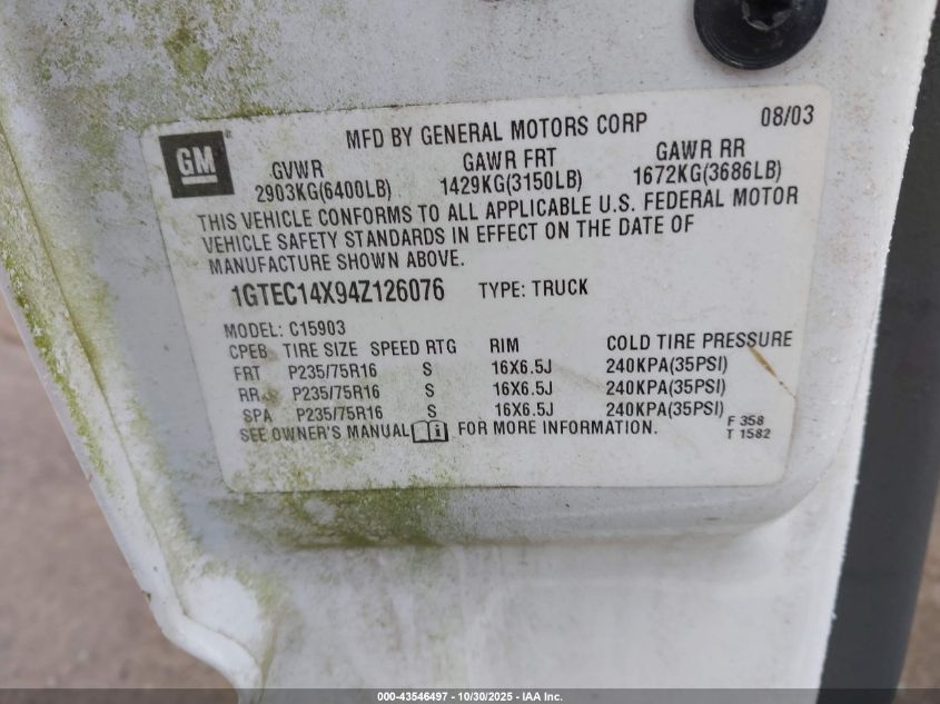 2004 GMC Sierra 1500 Work Truck VIN: 1GTEC14X94Z126076 Lot: 43546497
