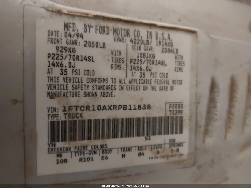 1994 Ford Ranger VIN: 1FTCR10AXRPB11838 Lot: 43546514