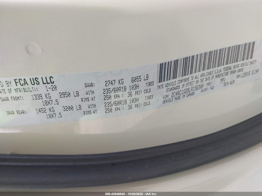 2020 Chrysler Pacifica Limited VIN: 2C4RC1GG9LR156300 Lot: 43546540