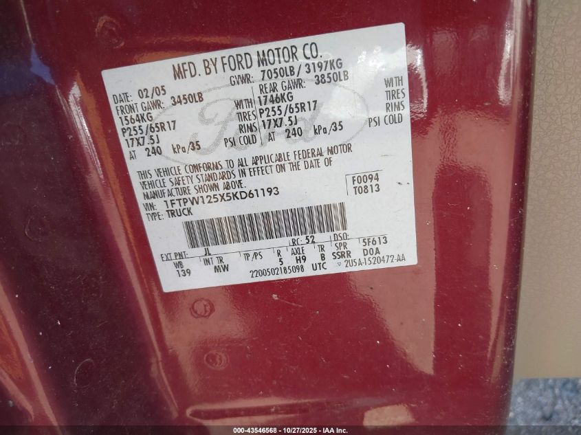 2005 Ford F-150 Lariat/Xlt VIN: 1FTPW125X5KD61193 Lot: 43546568