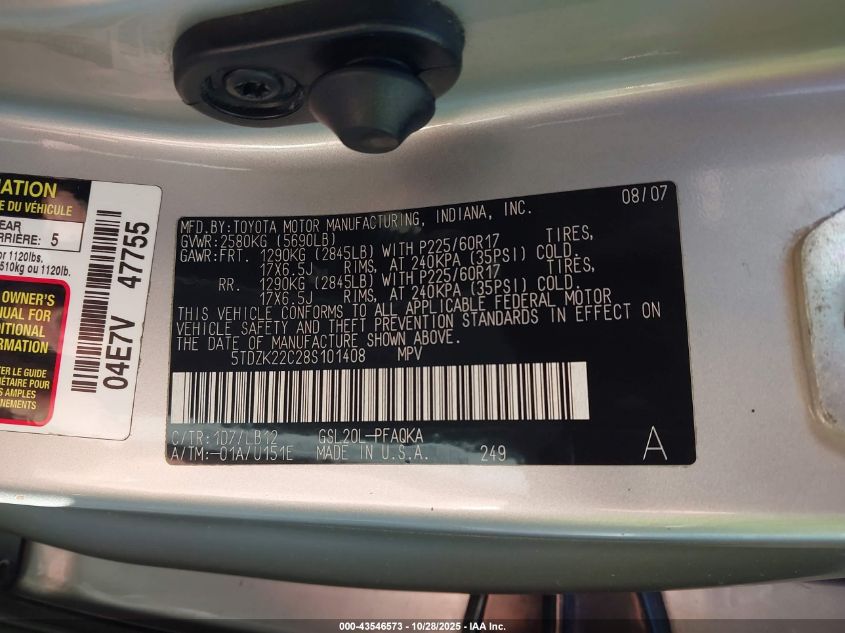 2008 Toyota Sienna Limited VIN: 5TDZK22C28S101408 Lot: 43546573