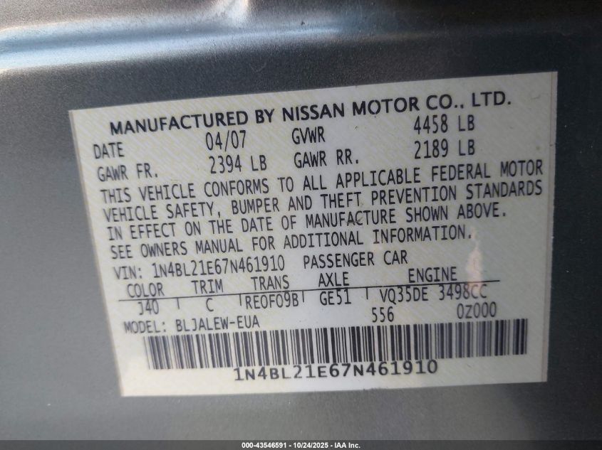 2007 Nissan Altima 3.5 Sl VIN: 1N4BL21E67N461910 Lot: 43546591