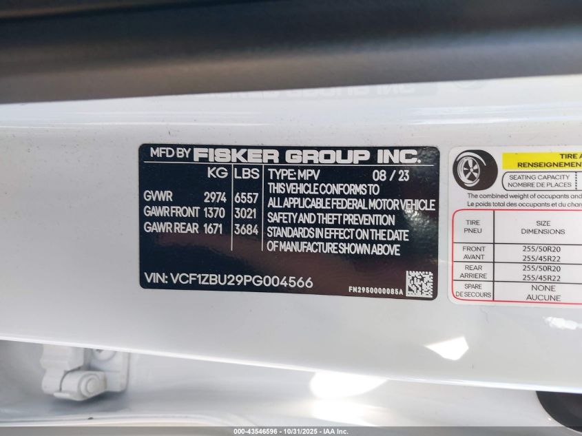 2023 Fisker Ocean One VIN: VCF1ZBU29PG004566 Lot: 43546596