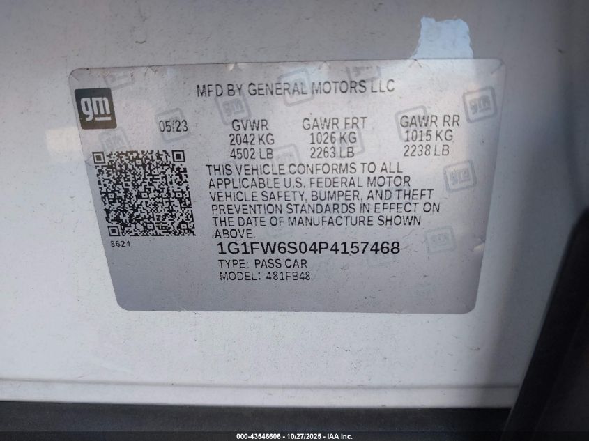 2023 Chevrolet Bolt Ev Fwd 1Lt VIN: 1G1FW6S04P4157468 Lot: 43546606