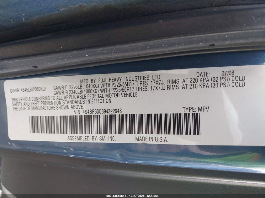 2009 Subaru Outback 2.5Xt Limited VIN: 4S4BP63C894322948 Lot: 43546613