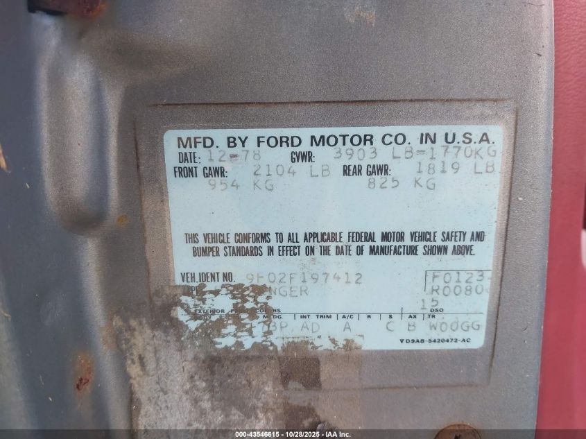 1979 Ford Mustang VIN: 99F02F197412 Lot: 43546615