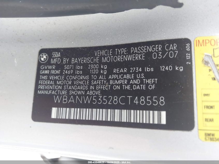 2008 BMW 550I VIN: WBANW53528CT48558 Lot: 43546629