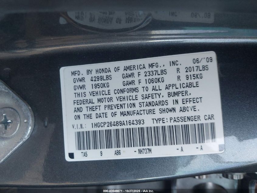 2009 Honda Accord 2.4 Lx-P VIN: 1HGCP26489A164393 Lot: 43546671