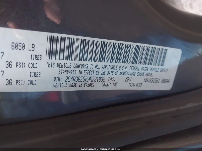 2017 Dodge Grand Caravan Gt VIN: 2C4RDGEG0HR731832 Lot: 43546672