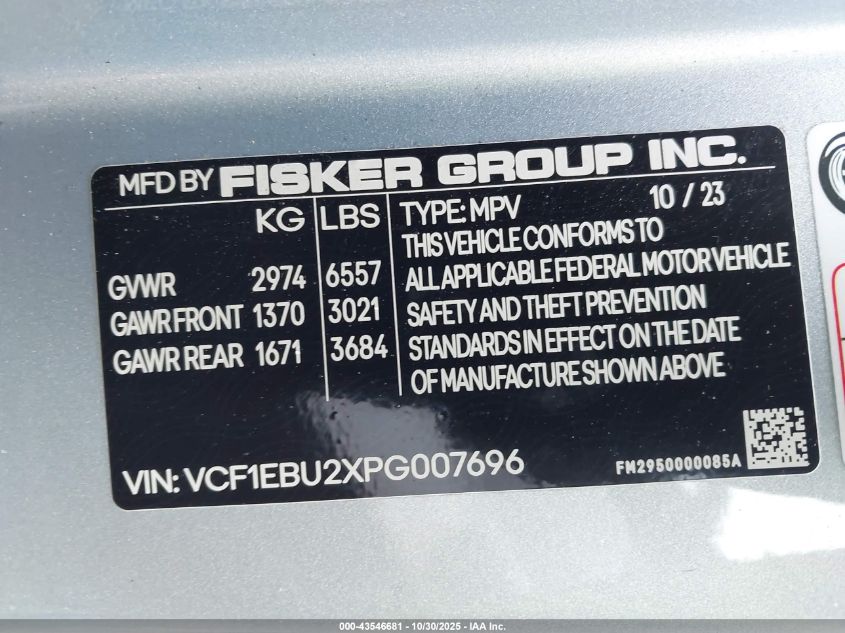 2023 Fisker Ocean Extreme VIN: VCF1EBU2XPG007696 Lot: 43546681