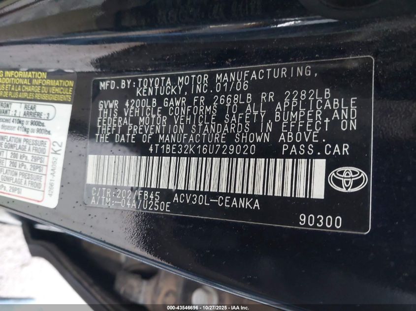 2006 Toyota Camry Le VIN: 4T1BE32K16U729020 Lot: 43546696