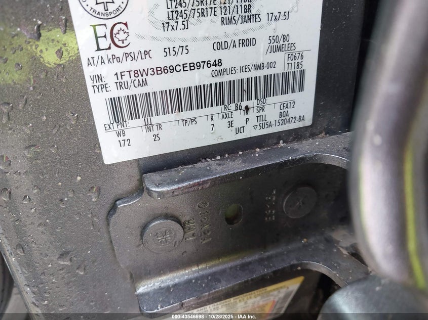 2012 Ford F-350 Xl VIN: 1FT8W3B69CEB97648 Lot: 43546698