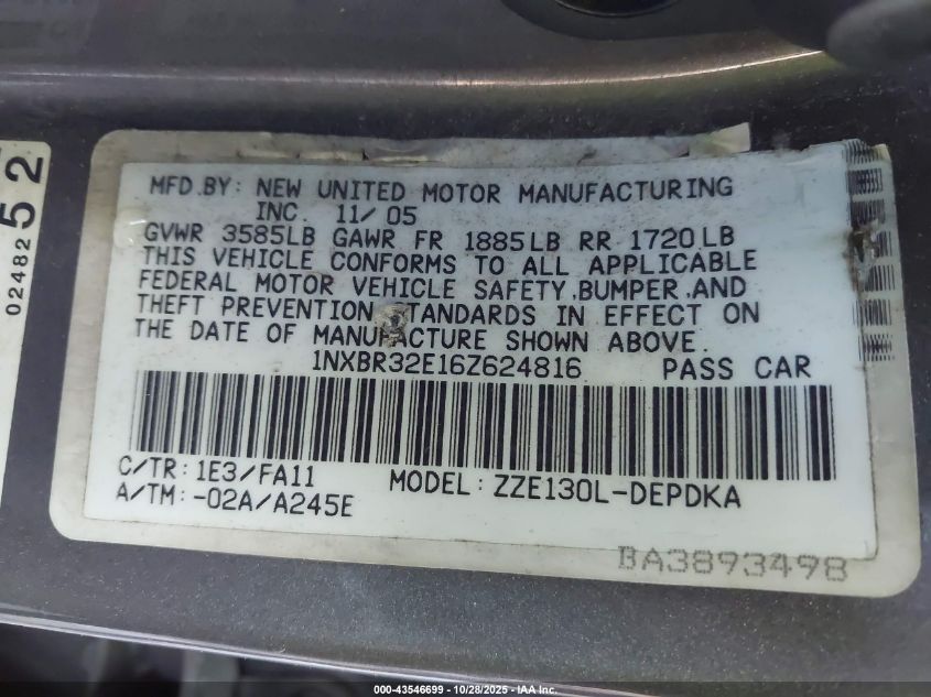 2006 Toyota Corolla Ce VIN: 1NXBR32E16Z624816 Lot: 43546699