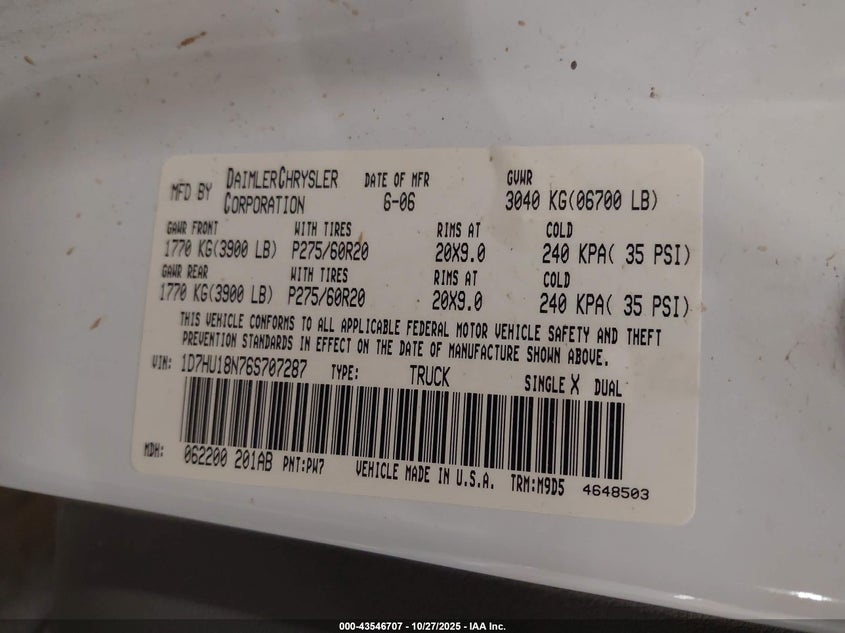 1D7HU18N76S707287 2006 DODGE RAM photo no. 9