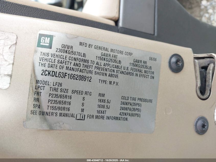 2006 Pontiac Torrent VIN: 2CKDL63F166208912 Lot: 43546712