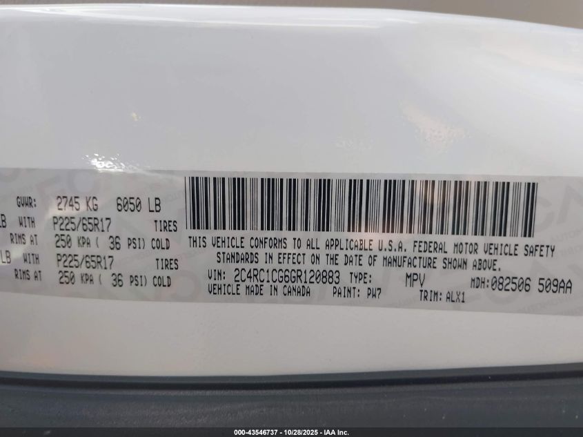 2016 Chrysler Town & Country Touring-L Anniversary Edition VIN: 2C4RC1CG6GR120883 Lot: 43546737