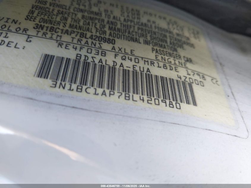 2011 Nissan Versa 1.8S VIN: 3N1BC1AP7BL420980 Lot: 43546759