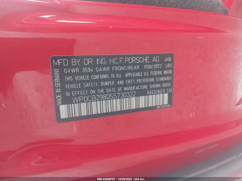 2005 Porsche Boxster S VIN: WP0CB29805S730322 Lot: 43546767