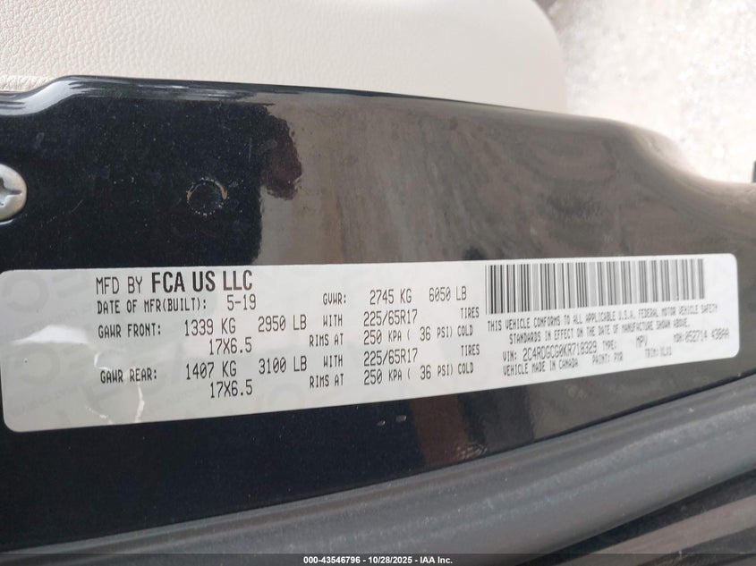 2019 Dodge Grand Caravan Sxt VIN: 2C4RDGCG0KR718329 Lot: 43546796