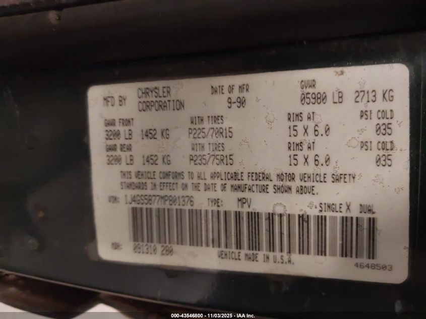 1991 Jeep Grand Wagoneer VIN: 1J4GS5877MP801376 Lot: 43546800