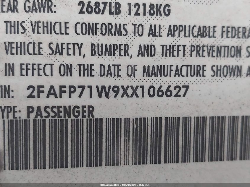 1999 Ford Crown Victoria Police Interceptor VIN: 2FAFP71W9XX106627 Lot: 43546839