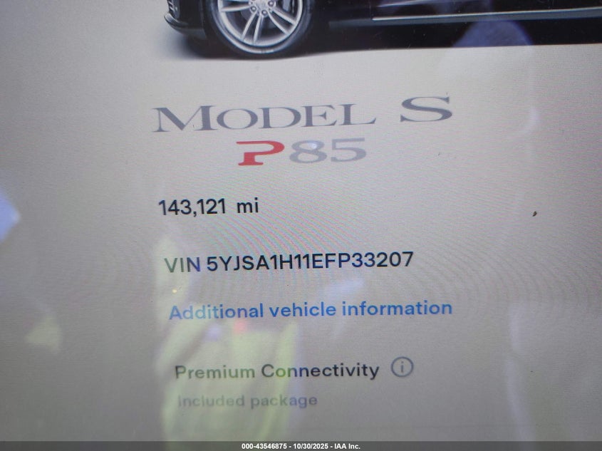 2014 Tesla Model S P85 VIN: 5YJSA1H11EFP33207 Lot: 43546875