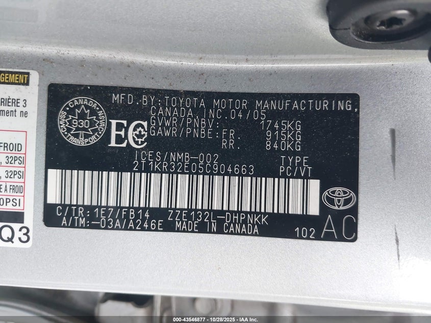 2005 Toyota Matrix Xr VIN: 2T1KR32E05C904663 Lot: 43546877