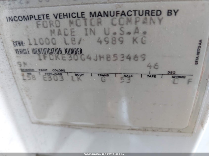 1988 Ford Econoline E350 Cutaway Van VIN: 1FDKE30G4JHB53469 Lot: 43546886