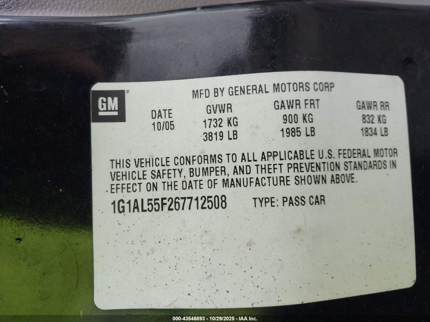 2006 Chevrolet Cobalt Lt VIN: 1G1AL55F267712508 Lot: 43546893