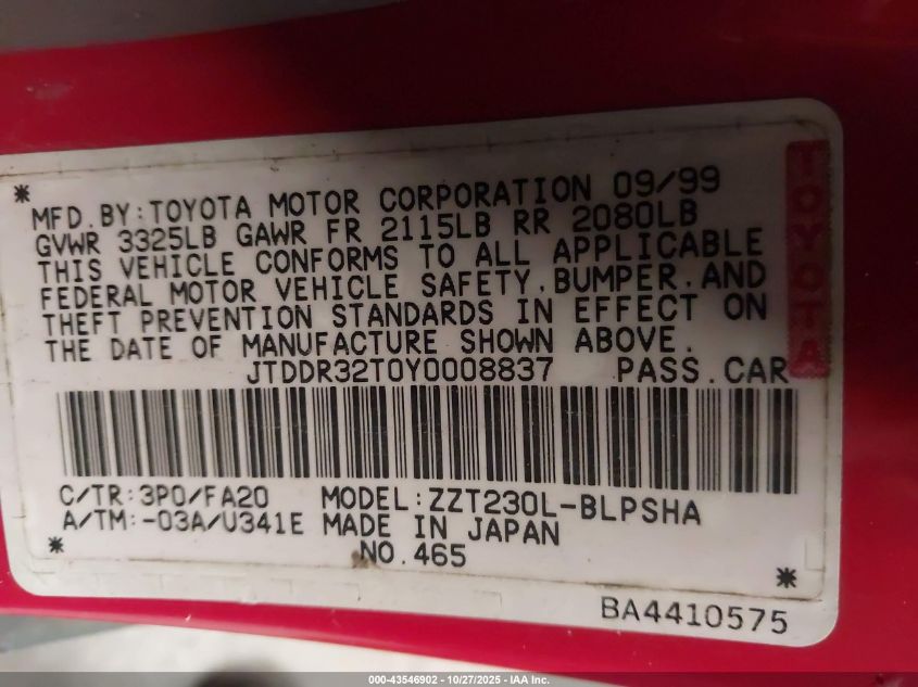 2000 Toyota Celica Gt VIN: JTDDR32T0Y0008837 Lot: 43546902