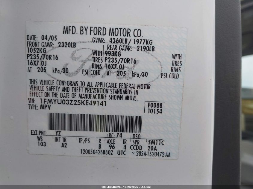 2005 Ford Escape Xlt VIN: 1FMYU03Z25KE49141 Lot: 43546926