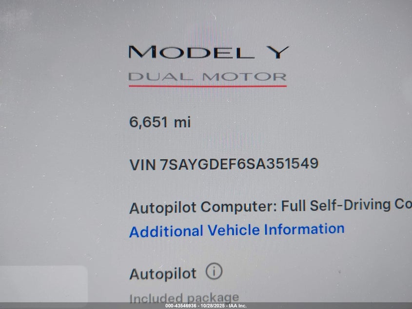 2025 Tesla Model Y Performance Dual Motor All-Wheel Drive VIN: 7SAYGDEF6SA351549 Lot: 43546936