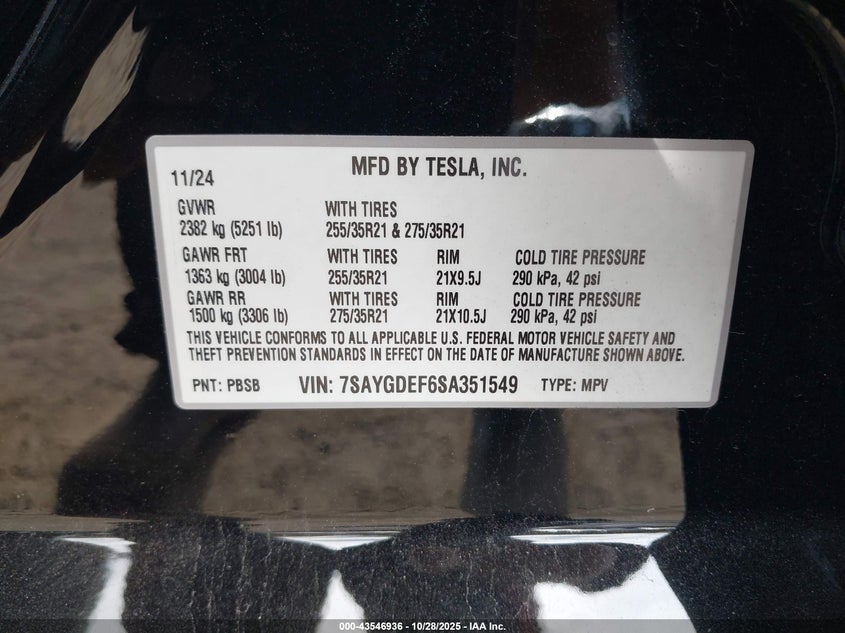2025 Tesla Model Y Performance Dual Motor All-Wheel Drive VIN: 7SAYGDEF6SA351549 Lot: 43546936