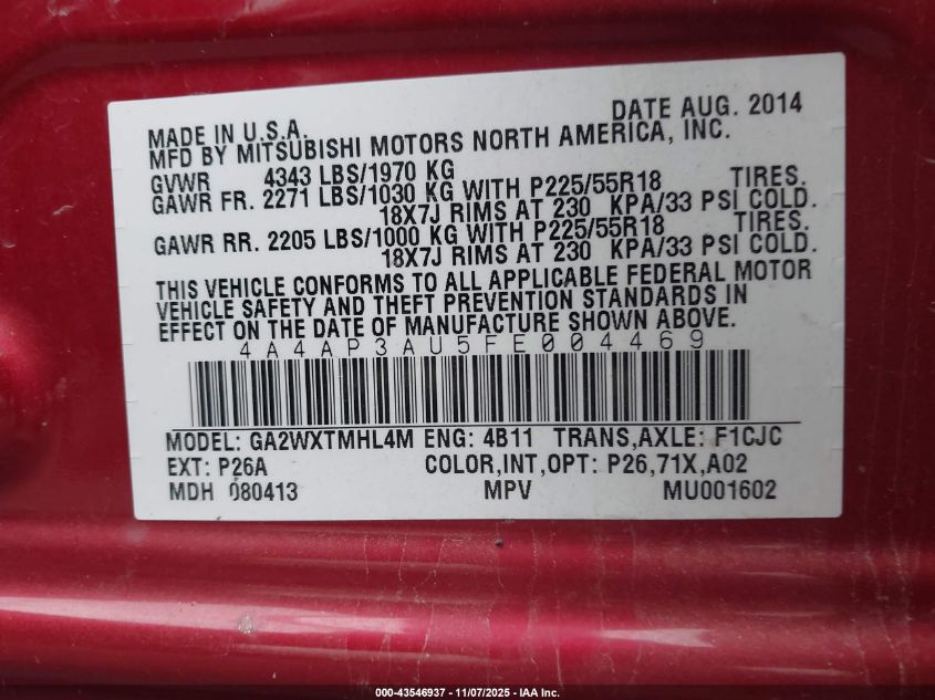 2015 Mitsubishi Outlander Sport Es VIN: 4A4AP3AU5FE004469 Lot: 43546937