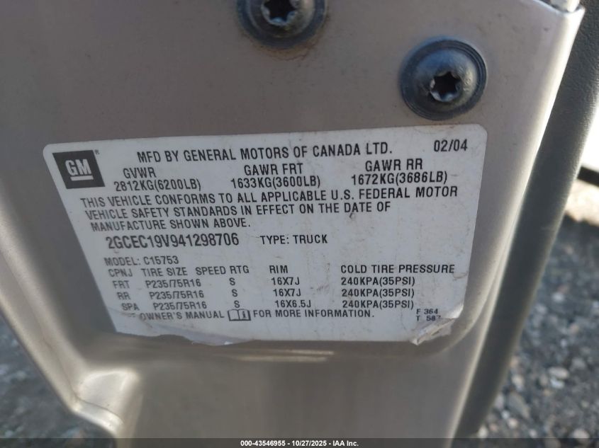 2004 Chevrolet Silverado 1500 Ls VIN: 2GCEC19V941298706 Lot: 43546955