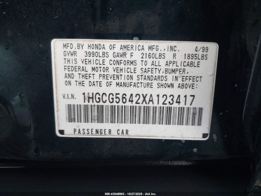 1999 Honda Accord Lx VIN: 1HGCG5642XA123417 Lot: 43546963