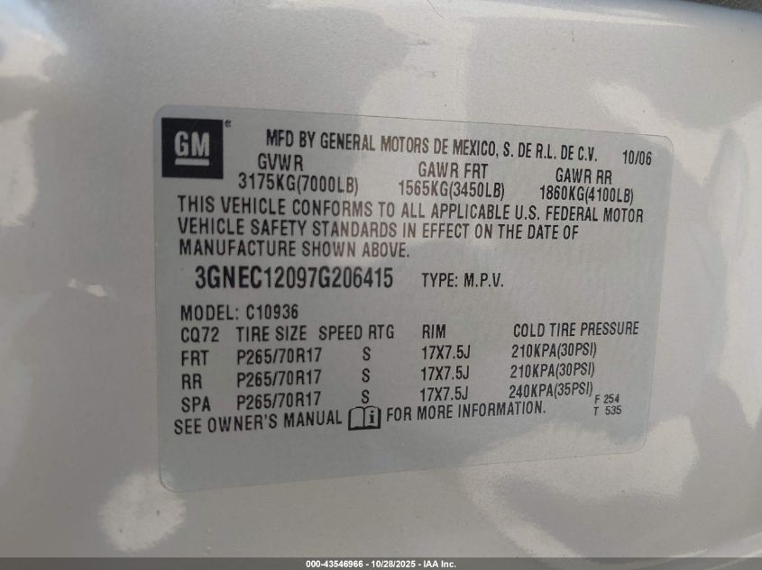 2007 Chevrolet Avalanche 1500 Lt VIN: 3GNEC12097G206415 Lot: 43546966