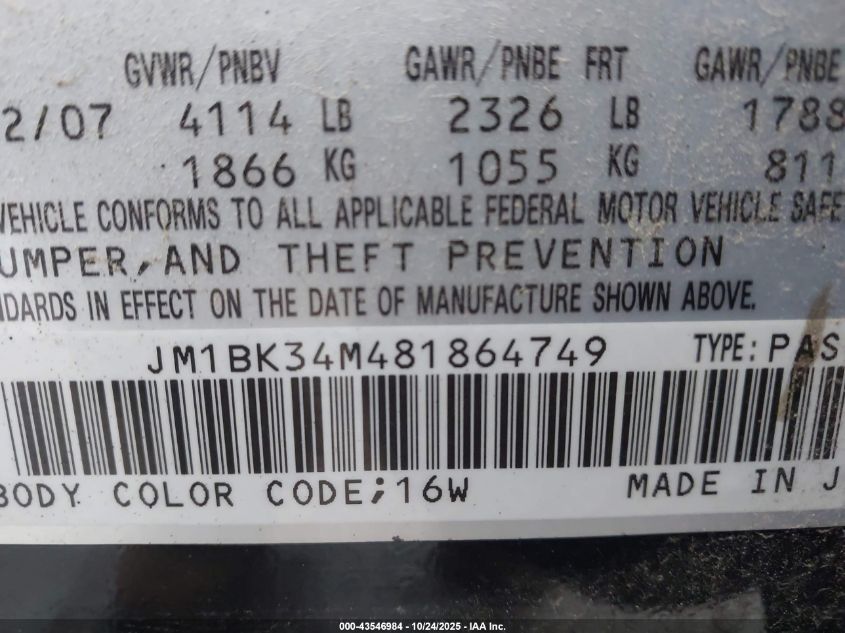 2008 Mazda Mazdaspeed3 Sport VIN: JM1BK34M481864749 Lot: 43546984