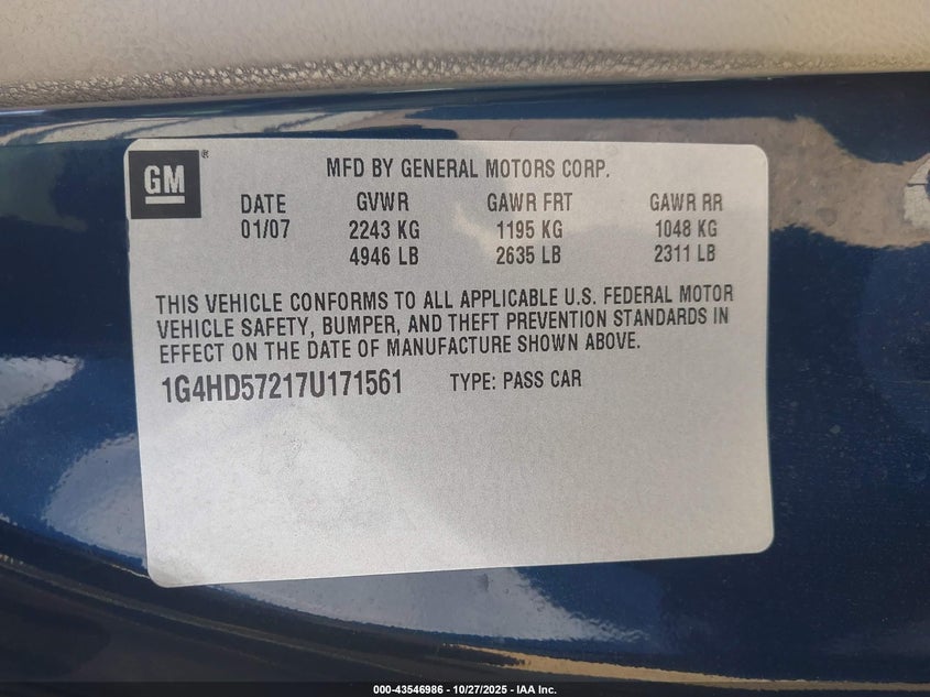2007 Buick Lucerne Cxl VIN: 1G4HD57217U171561 Lot: 43546986
