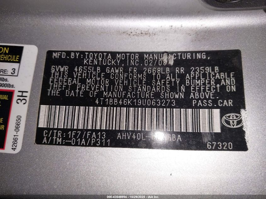 2009 Toyota Camry Hybrid VIN: 4T1BB46K19U063273 Lot: 43546994