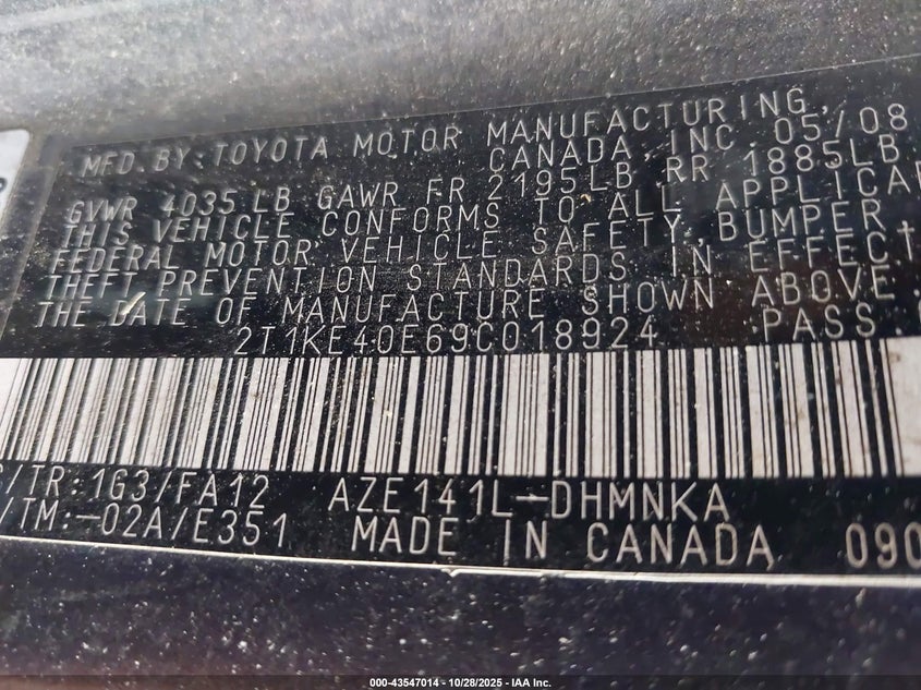 2009 Toyota Matrix S VIN: 2T1KE40E69C018924 Lot: 43547014