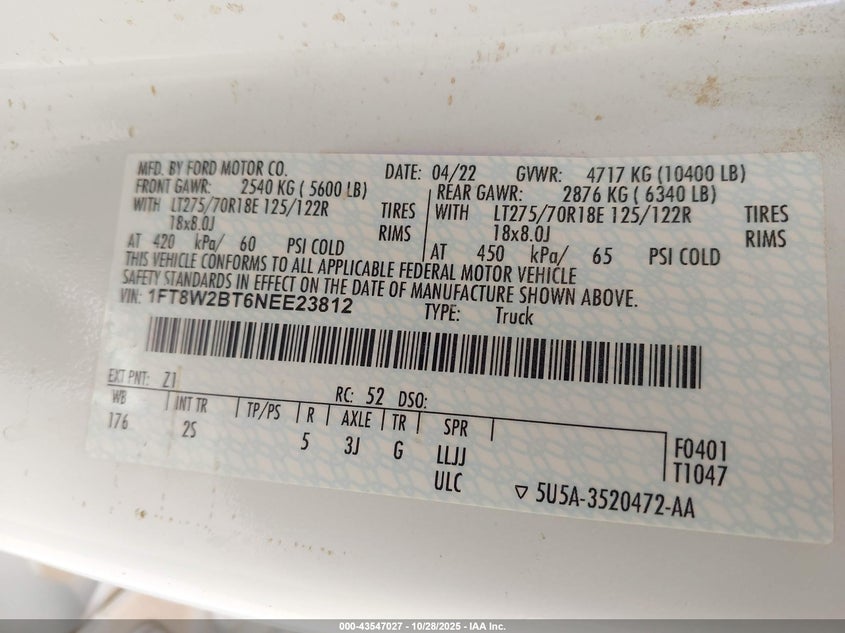 2022 Ford F-250 Xlt VIN: 1FT8W2BT6NEE23812 Lot: 43547027