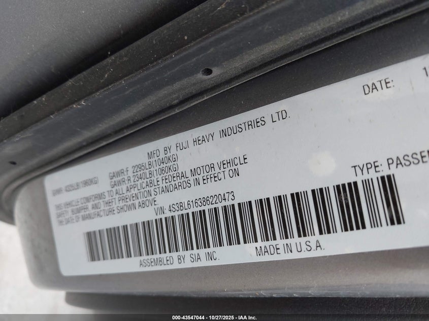 2008 Subaru Legacy 2.5I VIN: 4S3BL616386220473 Lot: 43547044